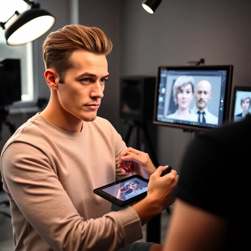 3D-Künstler arbeitet an digitaler Charakterskulptur mit Spezialtablet