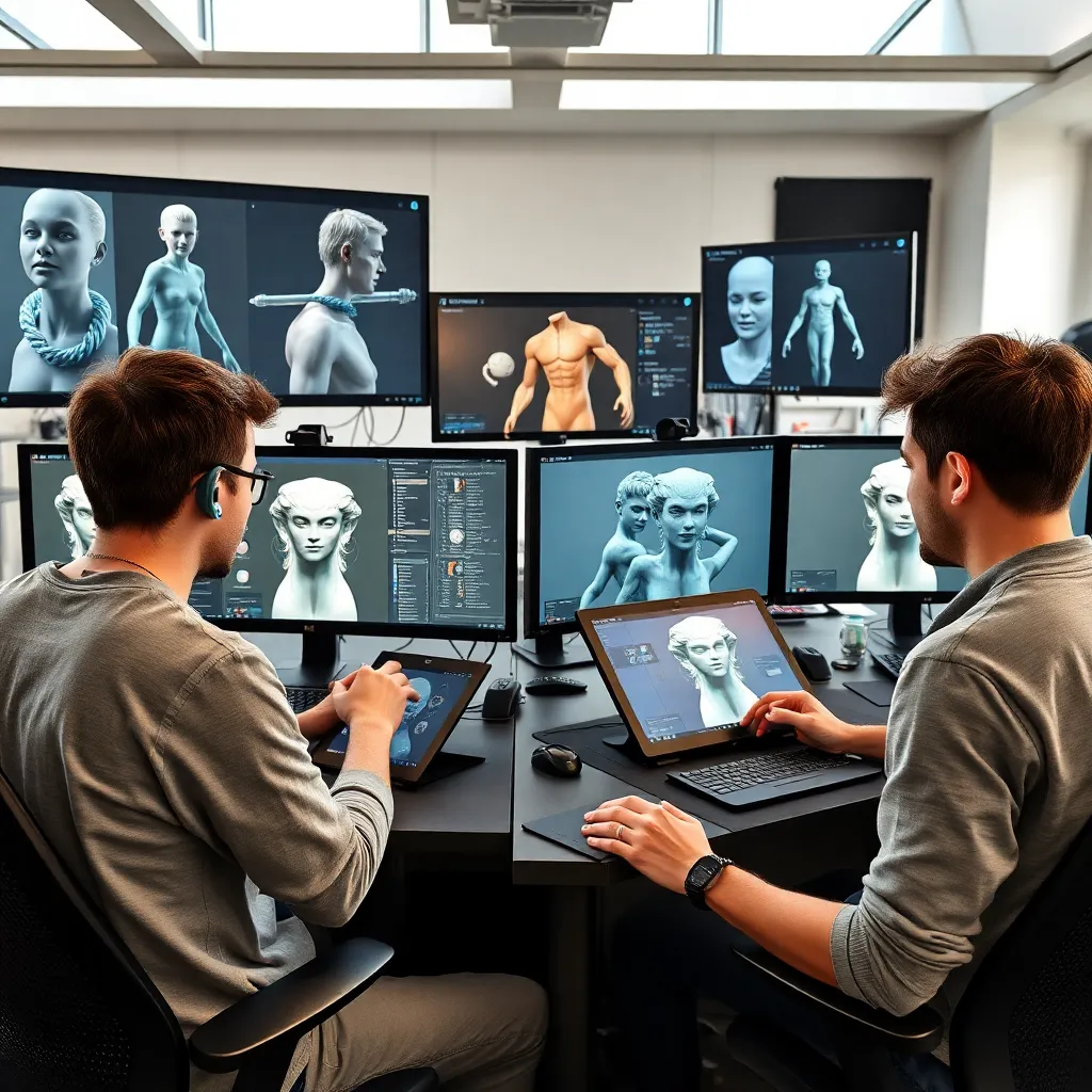 Professionelles 3D-Character-Design-Studio mit Künstlern an Workstations