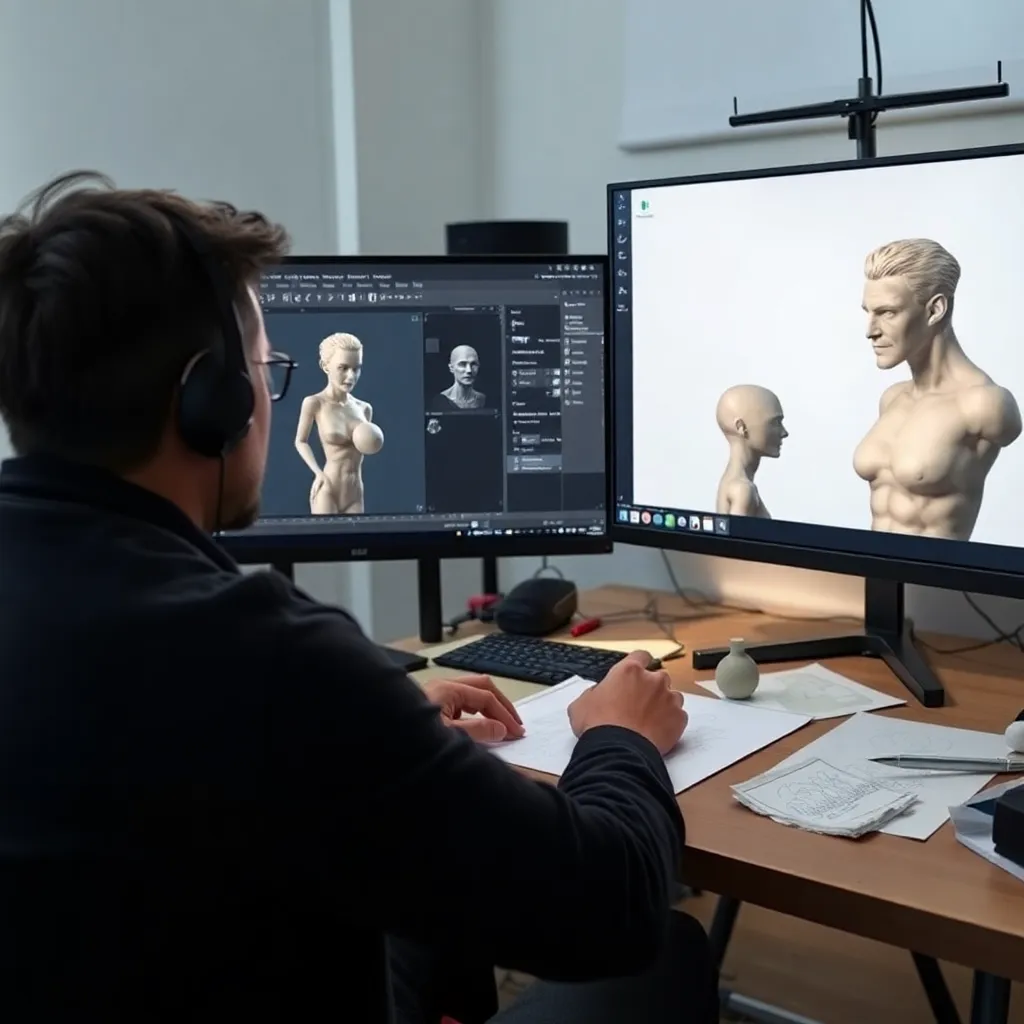 Fortgeschrittene Character Design Techniken visualisiert auf einem Tablet mit Referenzbildern