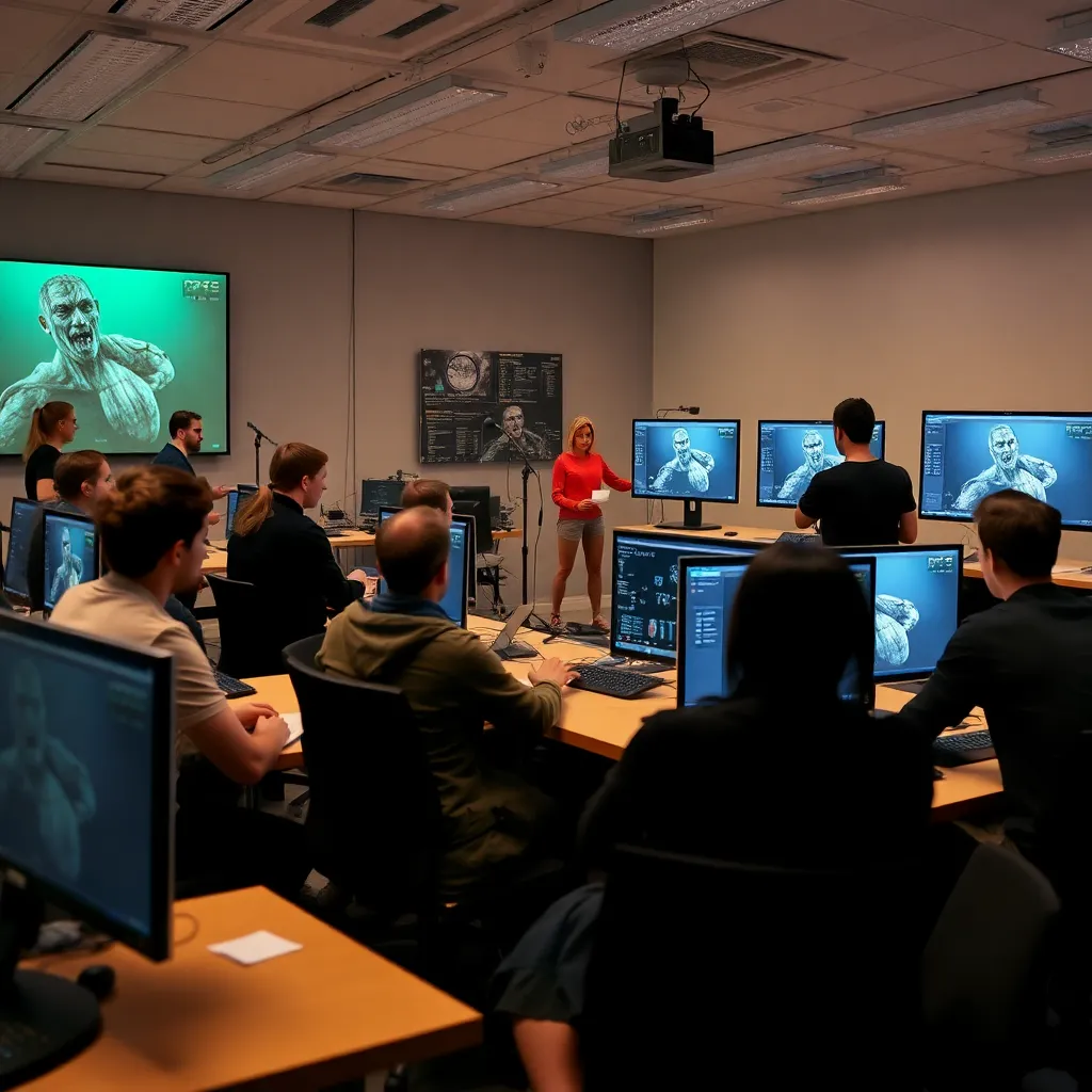 Professioneller Character-Rigging-Workshop in einem modernen Schulungsraum