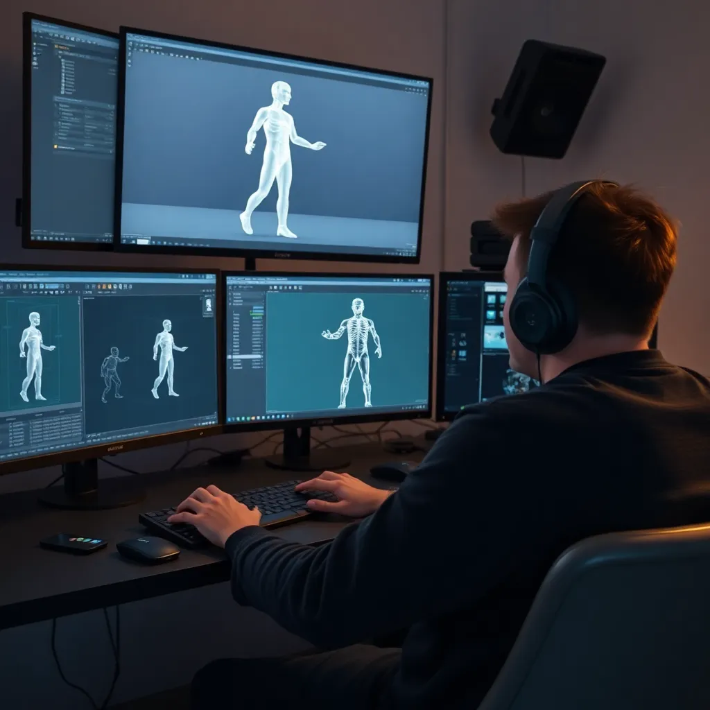 Professioneller Animator arbeitet an Charakterbewegungen für Spielecharakter