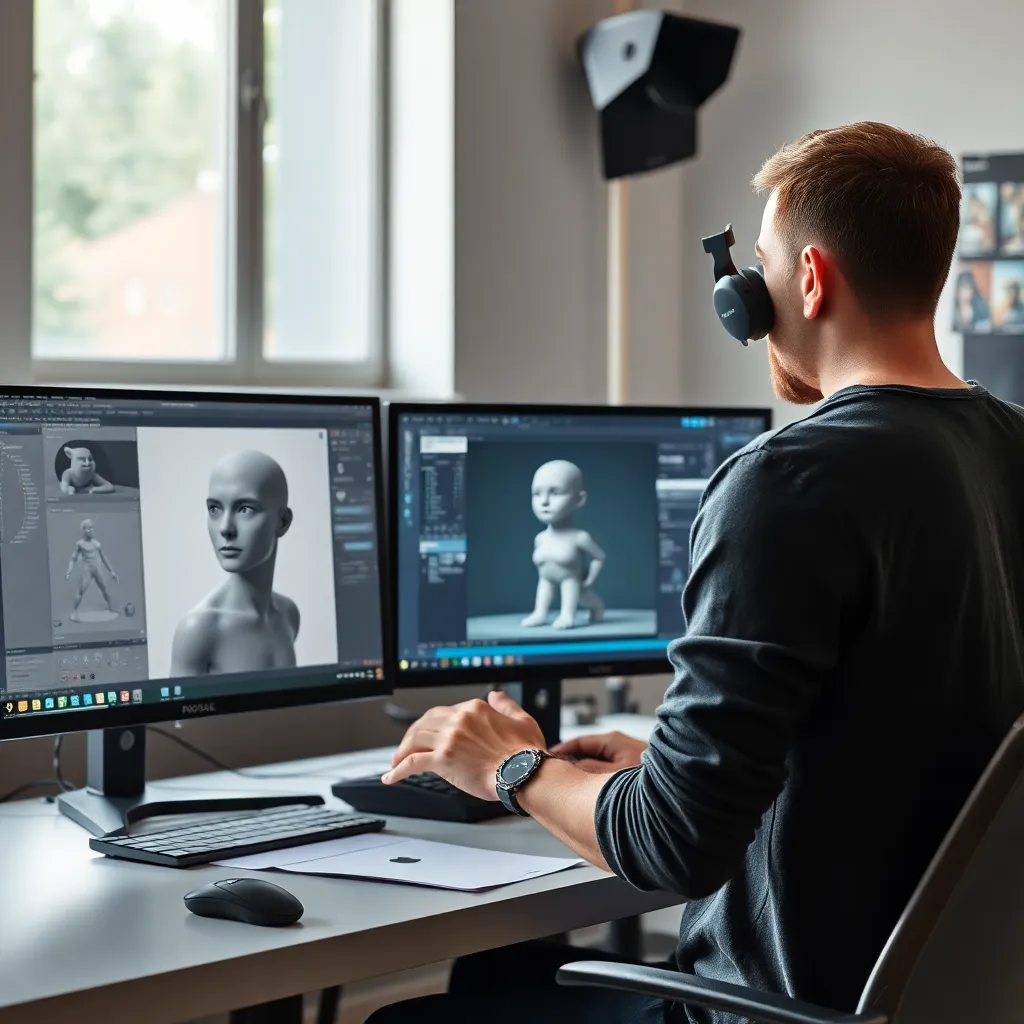 3D-Character-Artist bei der Arbeit an einem professionellen Modell