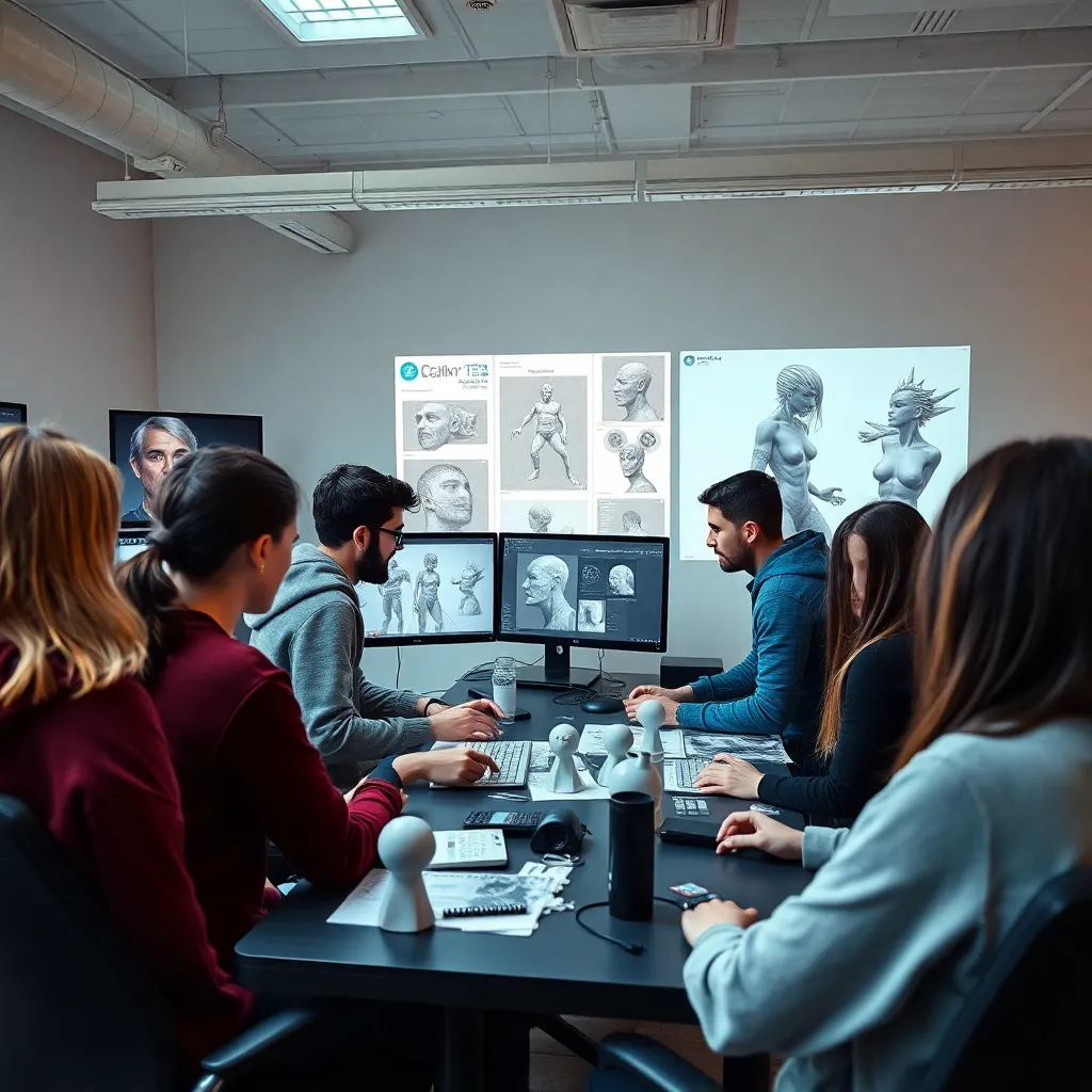 Moderne Designschule mit Studenten an 3D-Workstations