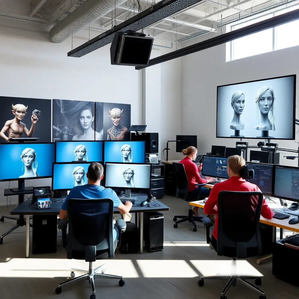 Professionelles 3D-Character-Design-Studio mit mehreren Künstlern an Workstations