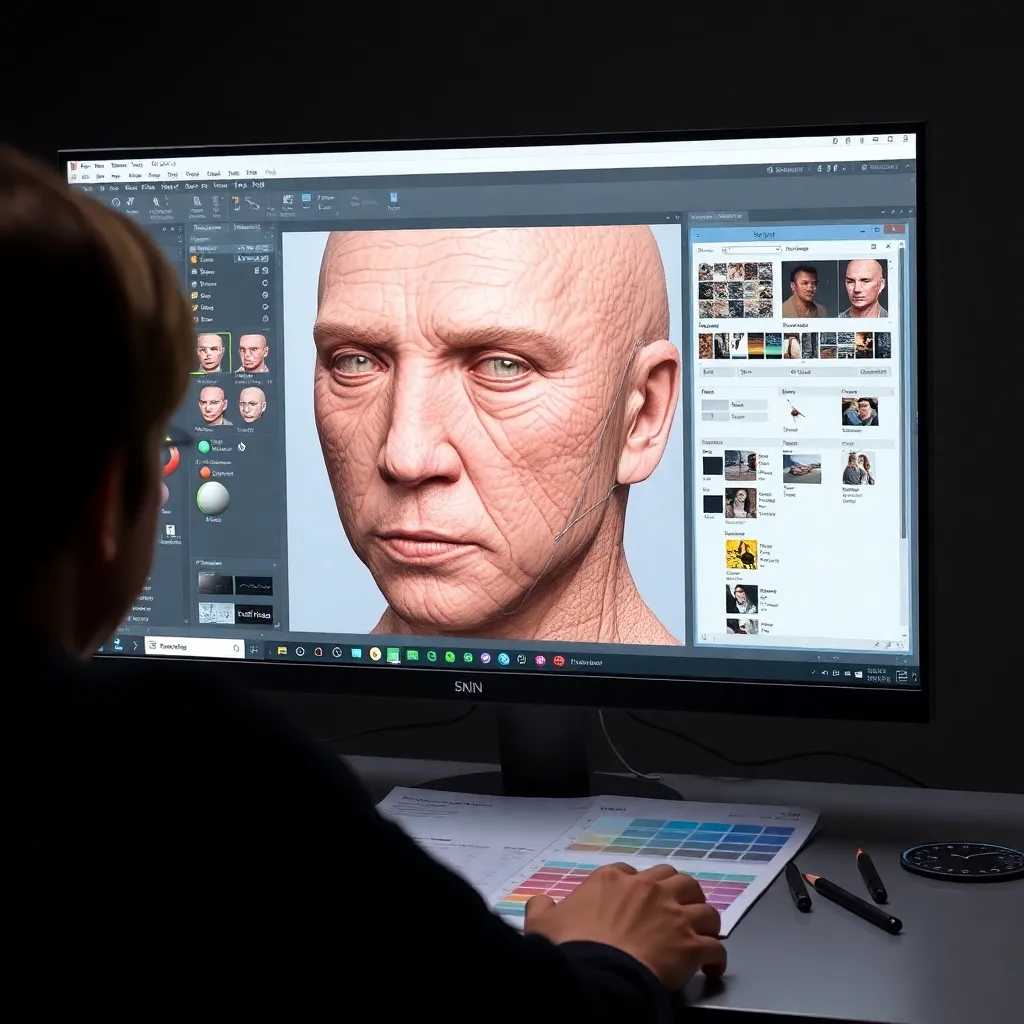 Professionelles 3D-Charakterportfolio auf einem Bildschirm mit verschiedenen Modellen und Wireframes